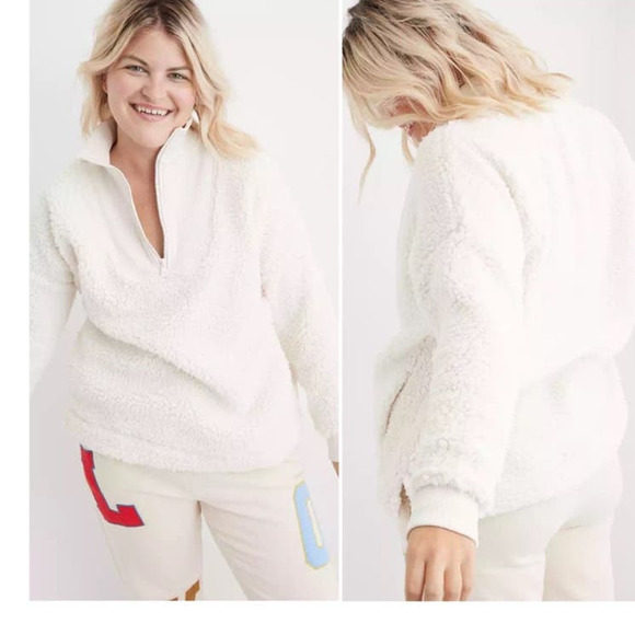 aerie Jackets & Blazers - Aerie Dream Sherpa White Quarter Zip Pullover Sweatshirt Sweater Jacket Sz Med